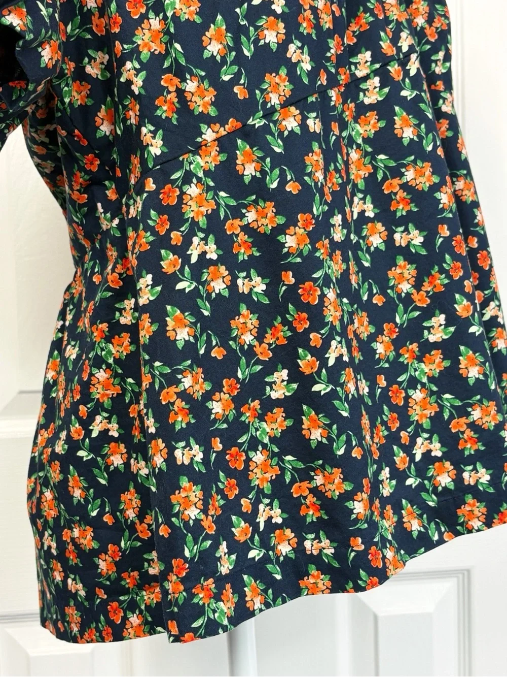 Old Navy Navy Blue & Orange Floral Print Puff Sleeve Smocked Trapeze Top XL